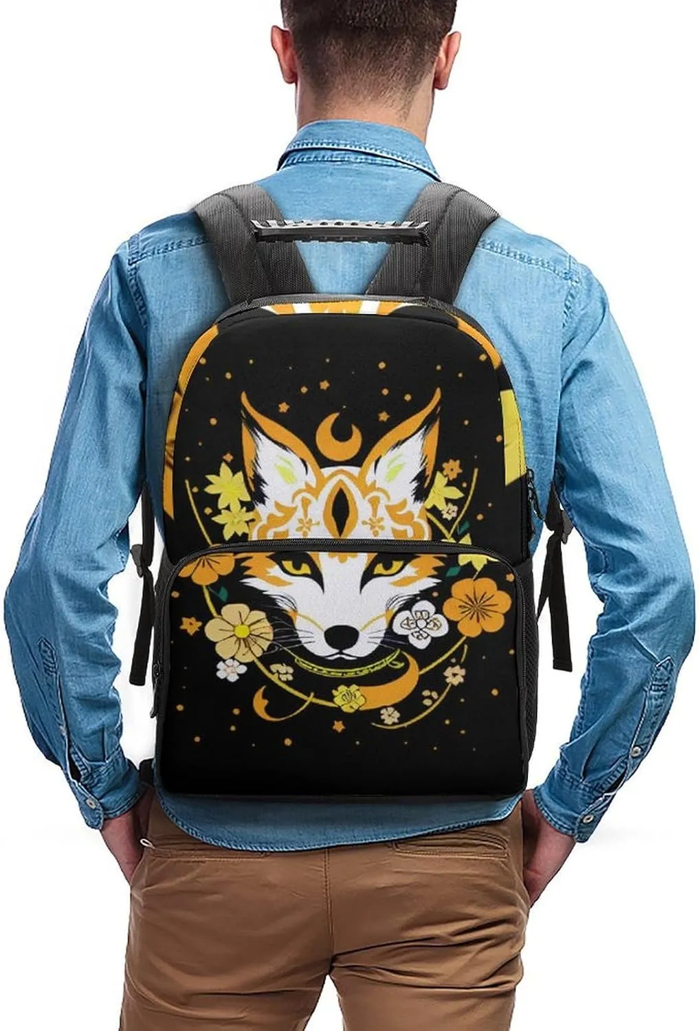 Lightweight Daypack for Camping Business Walking Cycling - Large Capacity Anti-Theft Multipurpose Bookbag, Japanese Kitsune Fox Magical Flowers Art Gym Outdoor Hiking Backpack