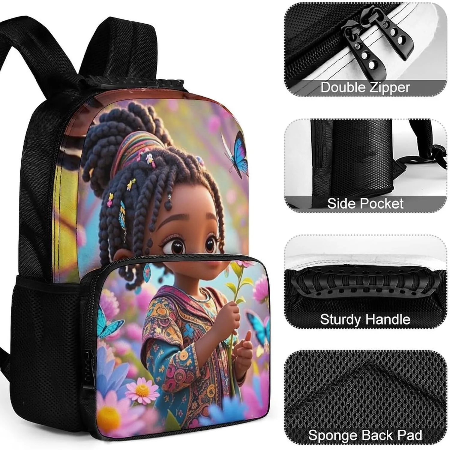 Lightweight Rucksack for Sports Travel Running - Big Capacity Multipurpose Anti-Theft Bookbag, Colorful Afro American Black Woman With Butterflies Art Travel and Sport Backpack Rucksack