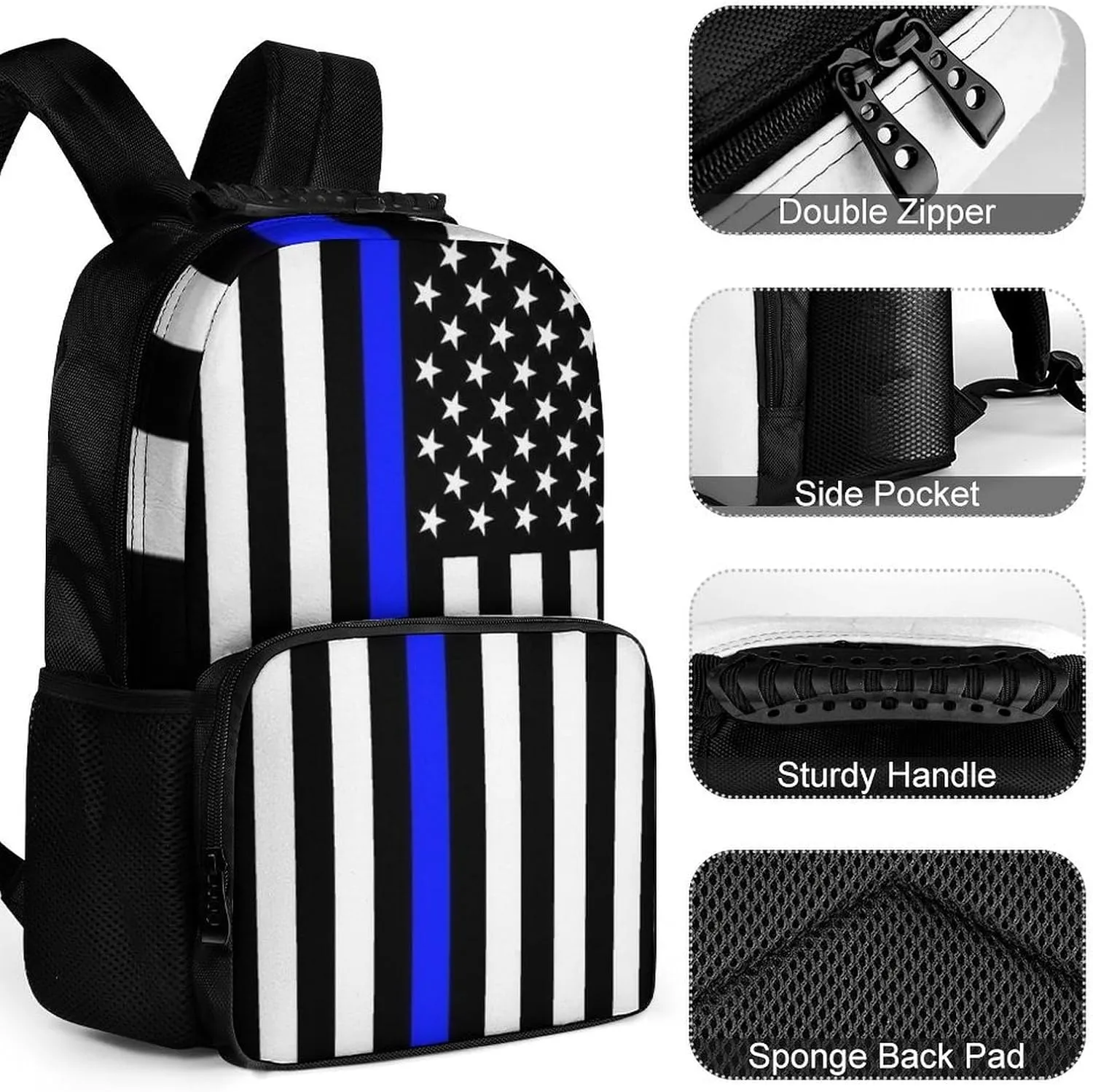 Lightweight Rucksacks for Camping Picnic Walking Cycling - Large Capacity Multipurpose Anti-Theft Carry On Bag, American Thin Blue Line Flag Police Pattern Black Travel Hiking & Camping Rucksack