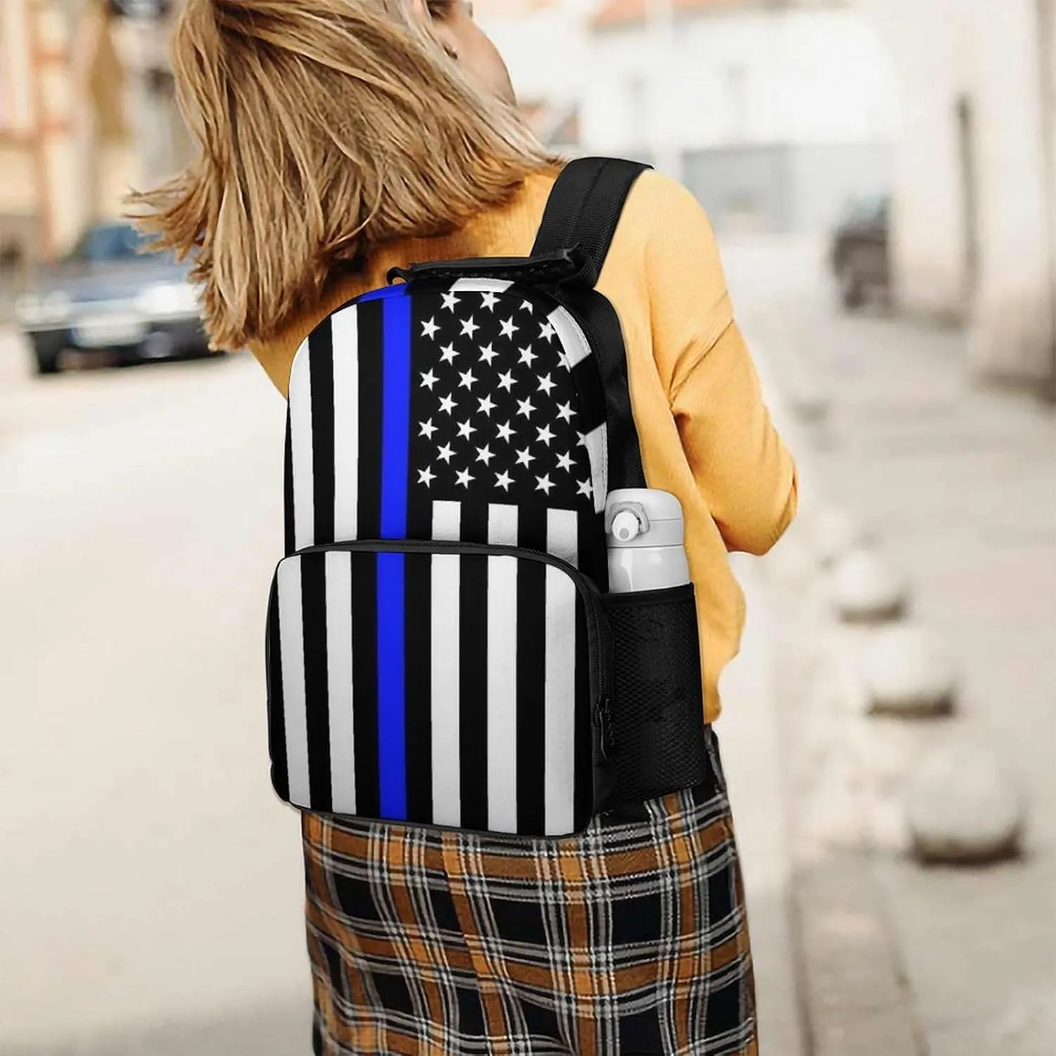 Lightweight Rucksacks for Camping Picnic Walking Cycling - Large Capacity Multipurpose Anti-Theft Carry On Bag, American Thin Blue Line Flag Police Pattern Black Travel Hiking & Camping Rucksack