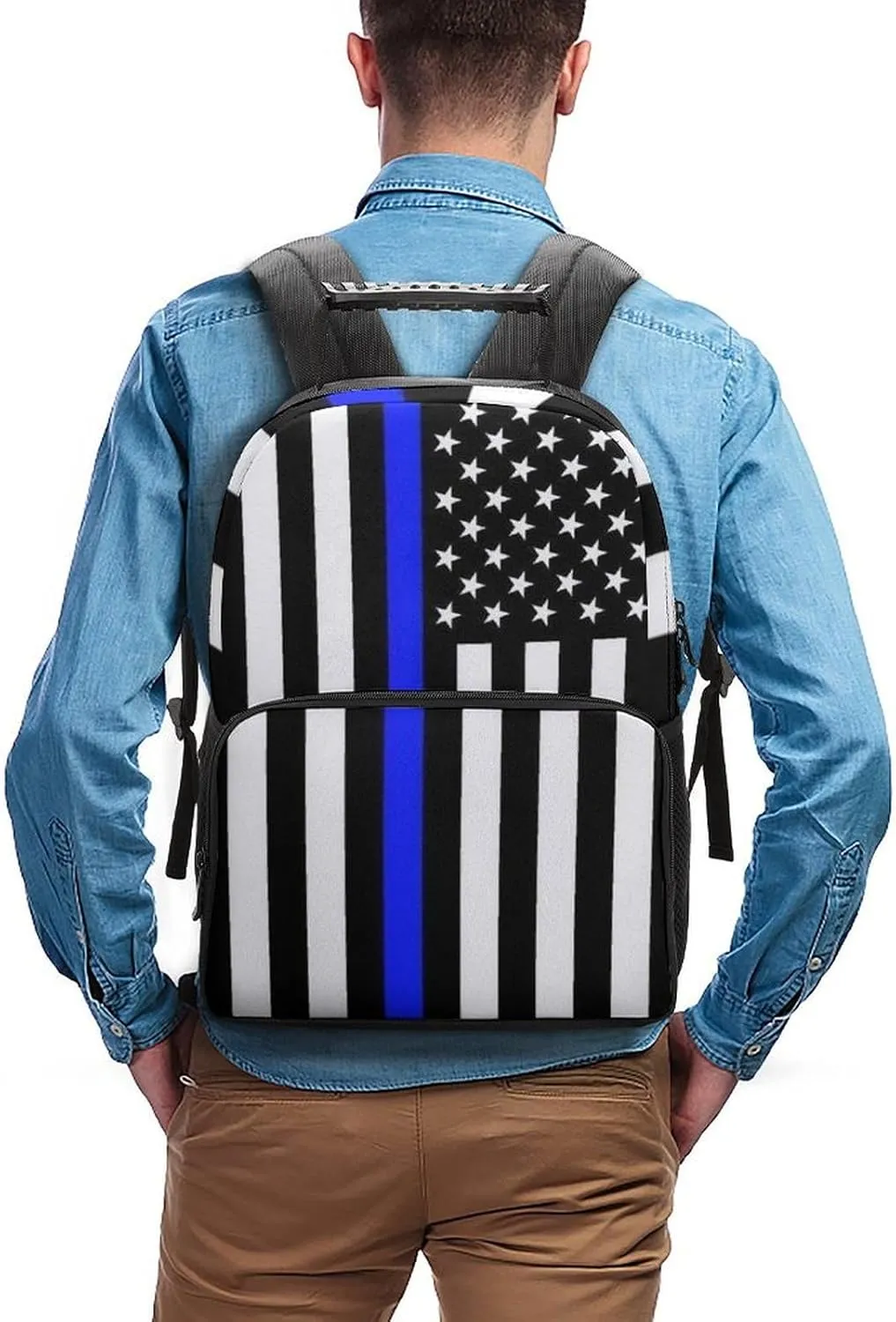 Lightweight Rucksacks for Camping Picnic Walking Cycling - Large Capacity Multipurpose Anti-Theft Carry On Bag, American Thin Blue Line Flag Police Pattern Black Travel Hiking & Camping Rucksack