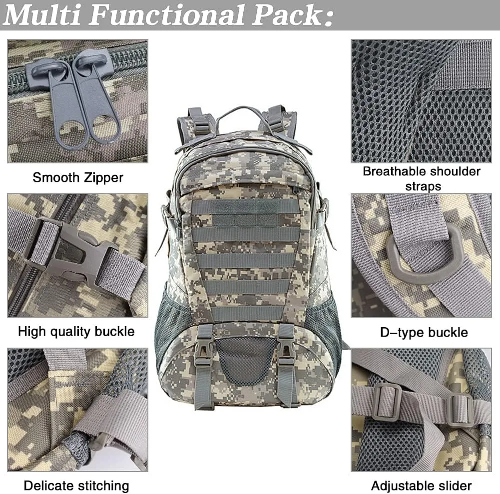 LIMHOO Tactical Backpack for Men Military Molle Bag Hiking Day Pack 27L Army Waterproof EDC Rucksack with USA Flag Patch (Acu Camo)