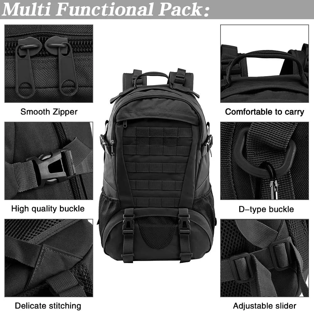 LIMHOO Tactical Backpack for Men Military Molle Bag Hiking Day Pack 27L Army Waterproof EDC Rucksack with USA Flag Patch (Black)