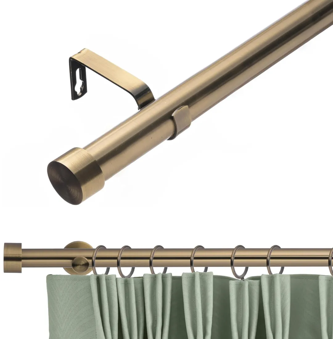 Lister Cartwright 28mm Antique Brass Adjustable Telescopic Extendable Metal Curtain Pole Set with Stopper Finial Voile Easy fit to Outdoor, Bedroom, Living Room (70-120 cm)