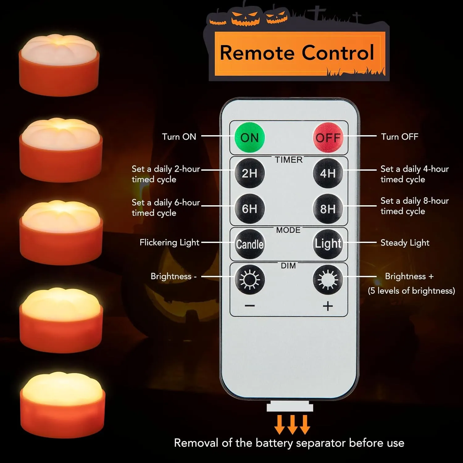 Litake LED Flameless Pumpkin Lights with Remote,Flickering Jack-O-Lantern Lights with Timer,Battery Operated Dimmable Halloween Candle Lights for Halloween Indoor/Oudoor Decorations,6 Packs