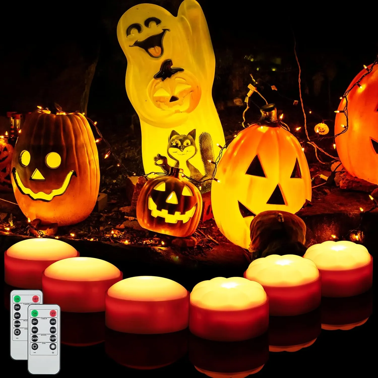 Litake LED Flameless Pumpkin Lights with Remote,Flickering Jack-O-Lantern Lights with Timer,Battery Operated Dimmable Halloween Candle Lights for Halloween Indoor/Oudoor Decorations,6 Packs