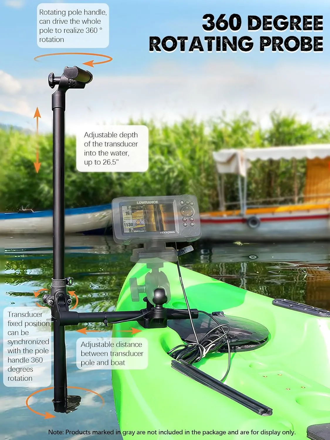 Livescope Pole Mount for Kayak/Boat, Universal 360° Adjustable Rotating Transducer Pole Mount for Garmin/Lowrance, Drill-Down Base with 1.5'' Ball, Compatible with C Size Double Socket Arm