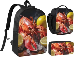 Lobster Lemon print Backpack 3pcs Set Including 17 Inch Large BookBag With Lunch Bag And Practical Pen Bag