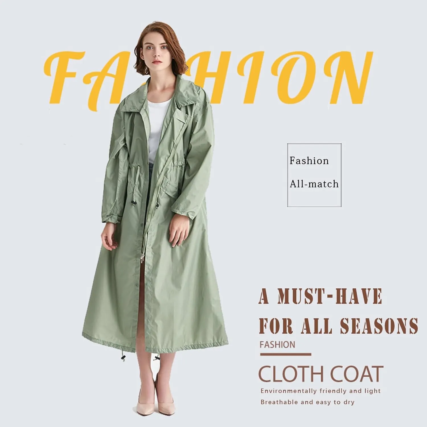Long Raincoat, Waterproof Breathable Raincoat with Hood for Fishing Commuting