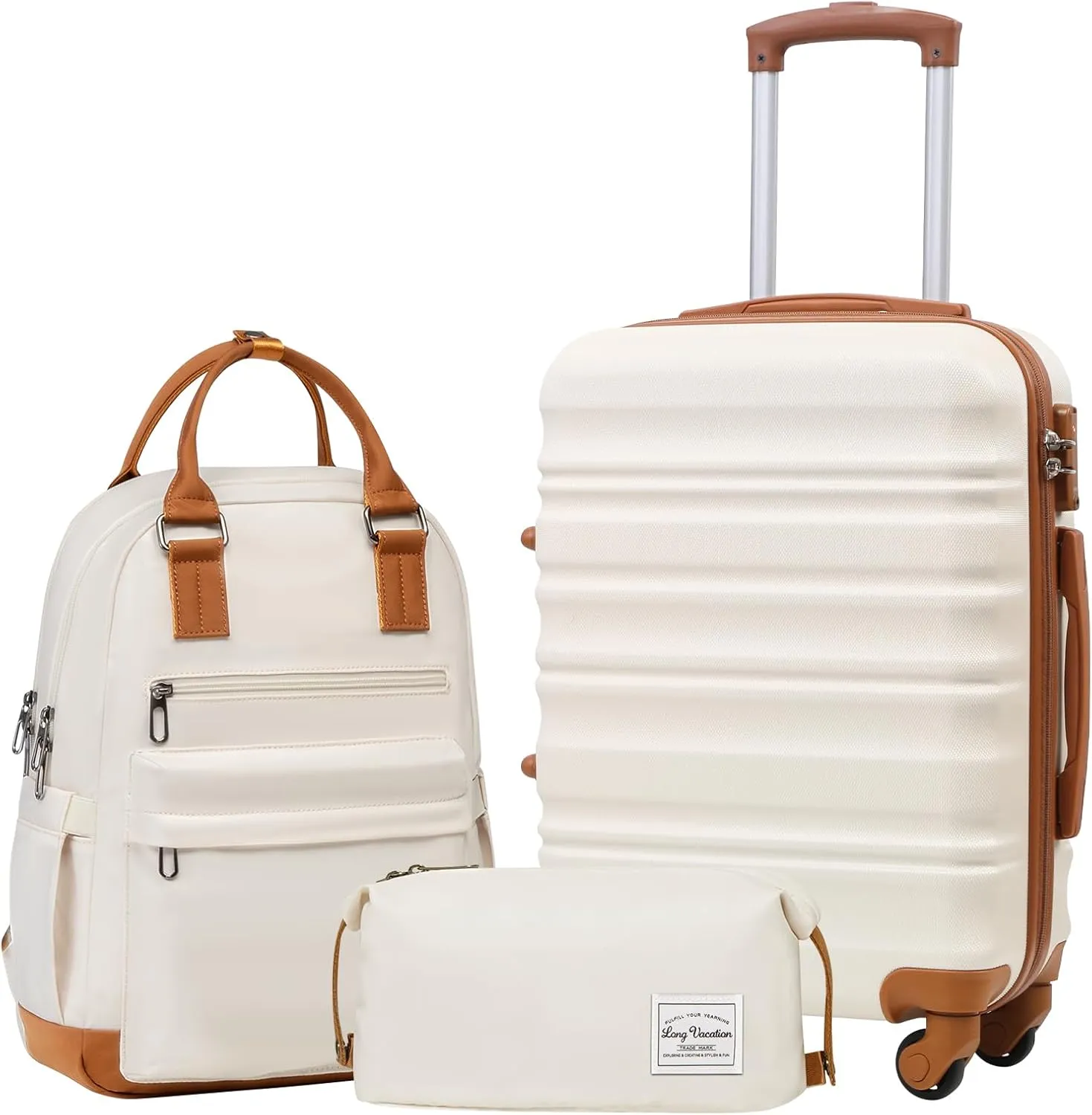 LONG VACATION Carry On Luggage Sets 3 Piece 20 Inch Suitcase Set, ABS PC Hardshell Lightweight Travel Luggage with Spinner Wheels & YKK Zipper TSA Lock (20 INCH (BP/TB), WHITE-BROWN)