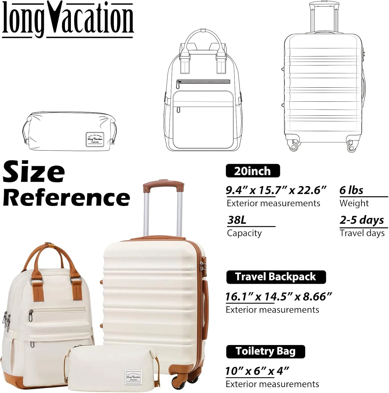 LONG VACATION Carry On Luggage Sets 3 Piece 20 Inch Suitcase Set, ABS PC Hardshell Lightweight Travel Luggage with Spinner Wheels & YKK Zipper TSA Lock (20 INCH (BP/TB), WHITE-BROWN)