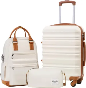 LONG VACATION Carry On Luggage Sets 3 Piece 20 Inch Suitcase Set, ABS PC Hardshell Lightweight Travel Luggage with Spinner Wheels & YKK Zipper TSA Lock (20 INCH (BP/TB), WHITE-BROWN)