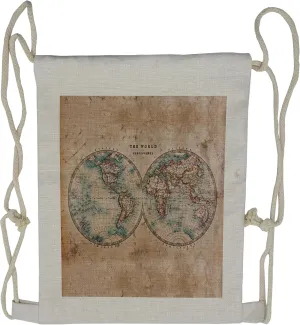 Lunarable World Map Drawstring Backpack, Grungy Old Map Hemisphere, Sackpack Bag