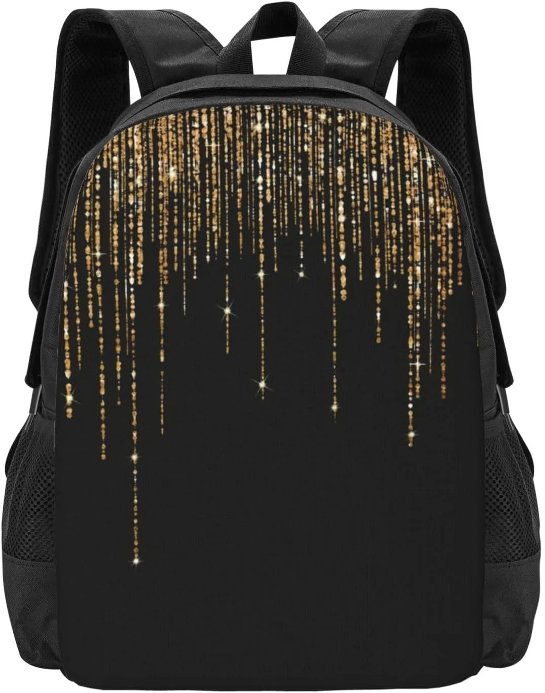 Luxury Chic Black Gold Glitter Fringe Lightweight Packable Backpack Travel Casual Hiking Daypack Foldable Backpack For Men Women