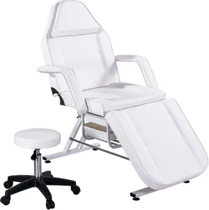 Massage Bed Tattoo Chair Massage Salon with Two Trays,Esthetician Table with Hydraulic Stool,Multi-Purpose 3-Section Facial Bed Table, Adjustable Beauty Barber Spa Beauty Equipment White