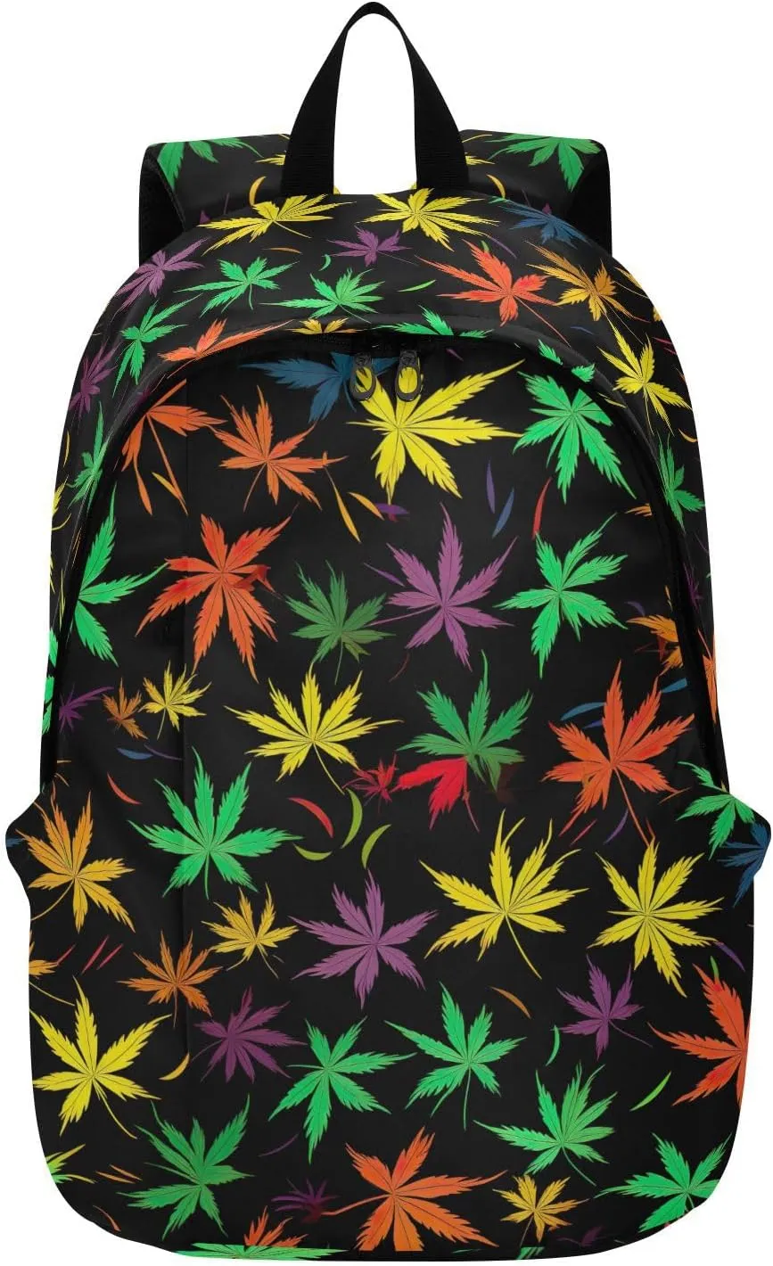 MCHIVER Travel Backpack Colourful Leaves Black Casual Daypack Backpacks Lightweight Carry on Bag Water Resistant Hiking Backpack for Women and Men