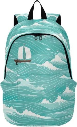 MCHIVER Travel Backpack Ocean Wave Sailboats Casual Daypack Backpacks Lightweight Carry on Bag Water Resistant Hiking Backpack for Women and Men