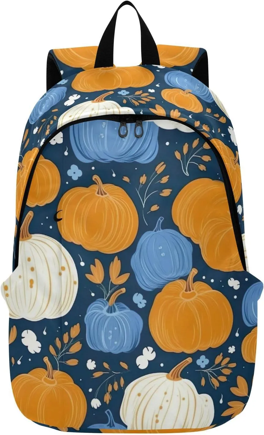 MCHIVER Travel Backpack Pumpkins Blue White Autumn Casual Daypack Backpacks Lightweight Carry on Bag Water Resistant Hiking Backpack for Men Women