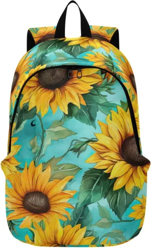 MCHIVER Travel Backpack Watercolor Sunflowers Flowers Teal Casual Daypack Backpacks Lightweight Carry on Bag Water Resistant Hiking Backpack for Men and Women