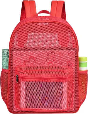 MCWTH Heavy Duty Mesh Backpack, See Through School College Student Mesh Bookbag (Red)