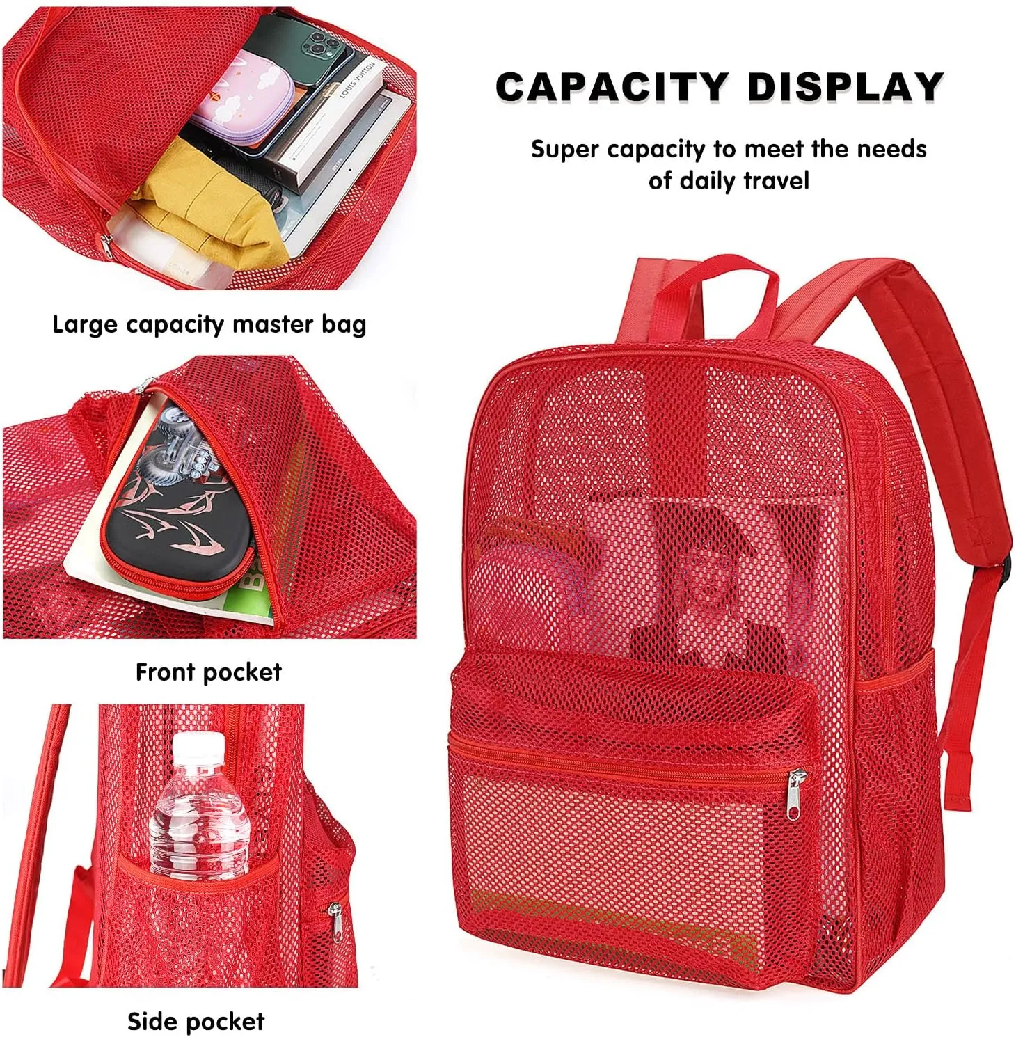 MCWTH Heavy Duty Mesh Backpack, See Through School College Student Mesh Bookbag (Red)
