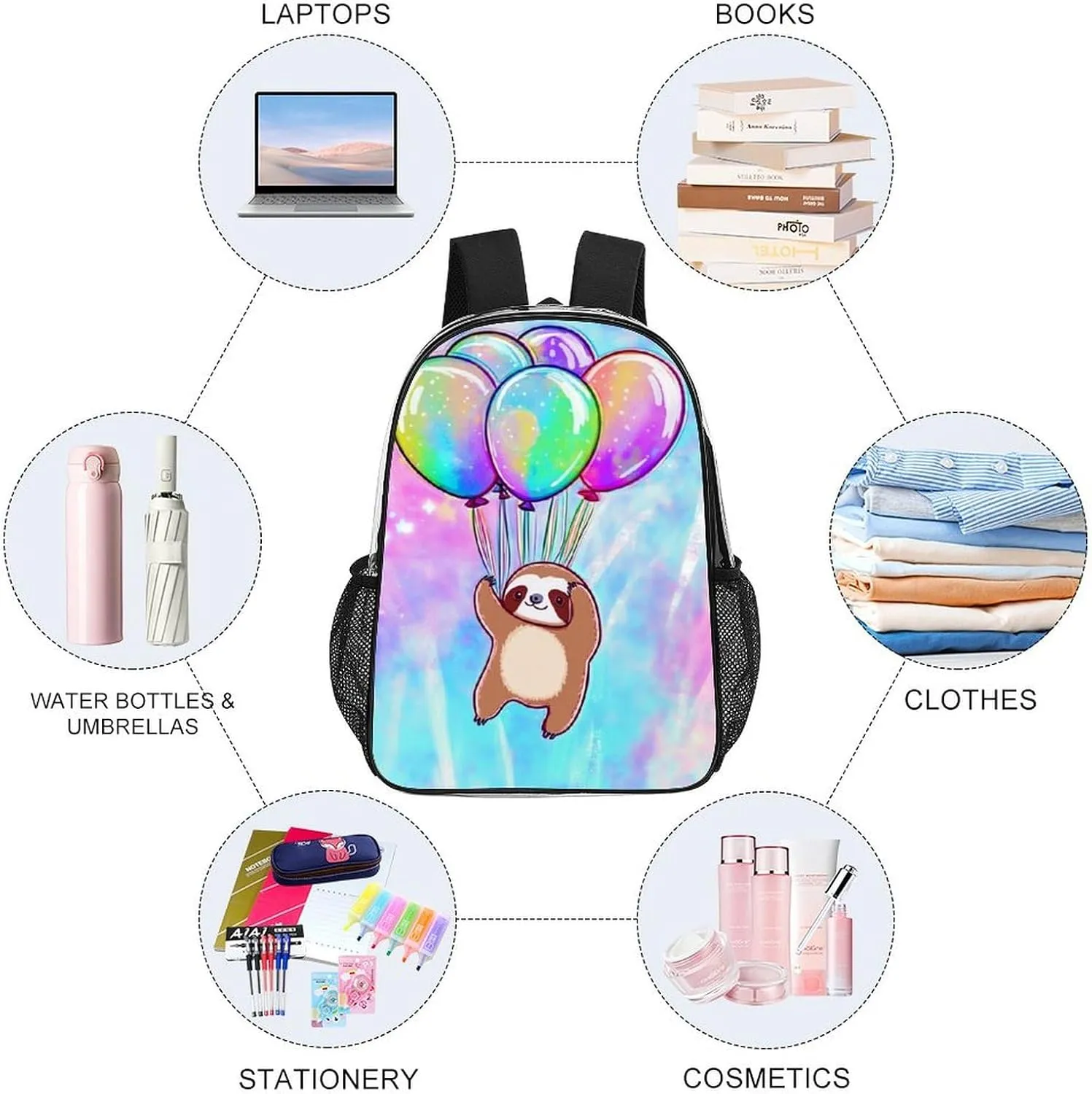 Men & Women Lightweight Balloon Sloth Rainbow Casual Daypack Large Capacity Bookbag Transparent Bag for Gym Business Bicycle