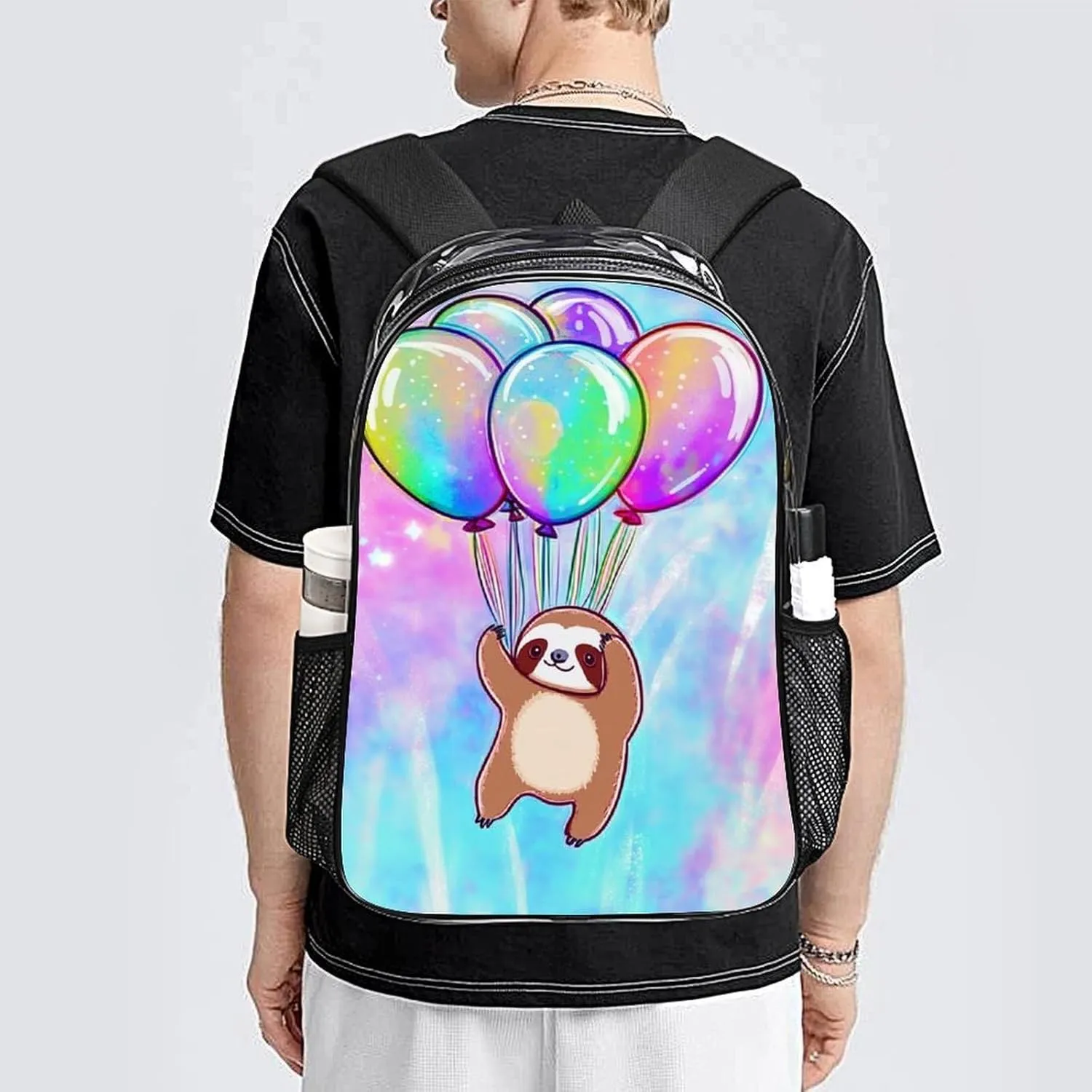 Men & Women Lightweight Balloon Sloth Rainbow Casual Daypack Large Capacity Bookbag Transparent Bag for Gym Business Bicycle