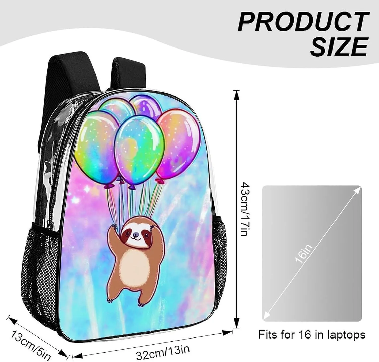 Men & Women Lightweight Balloon Sloth Rainbow Casual Daypack Large Capacity Bookbag Transparent Bag for Gym Business Bicycle