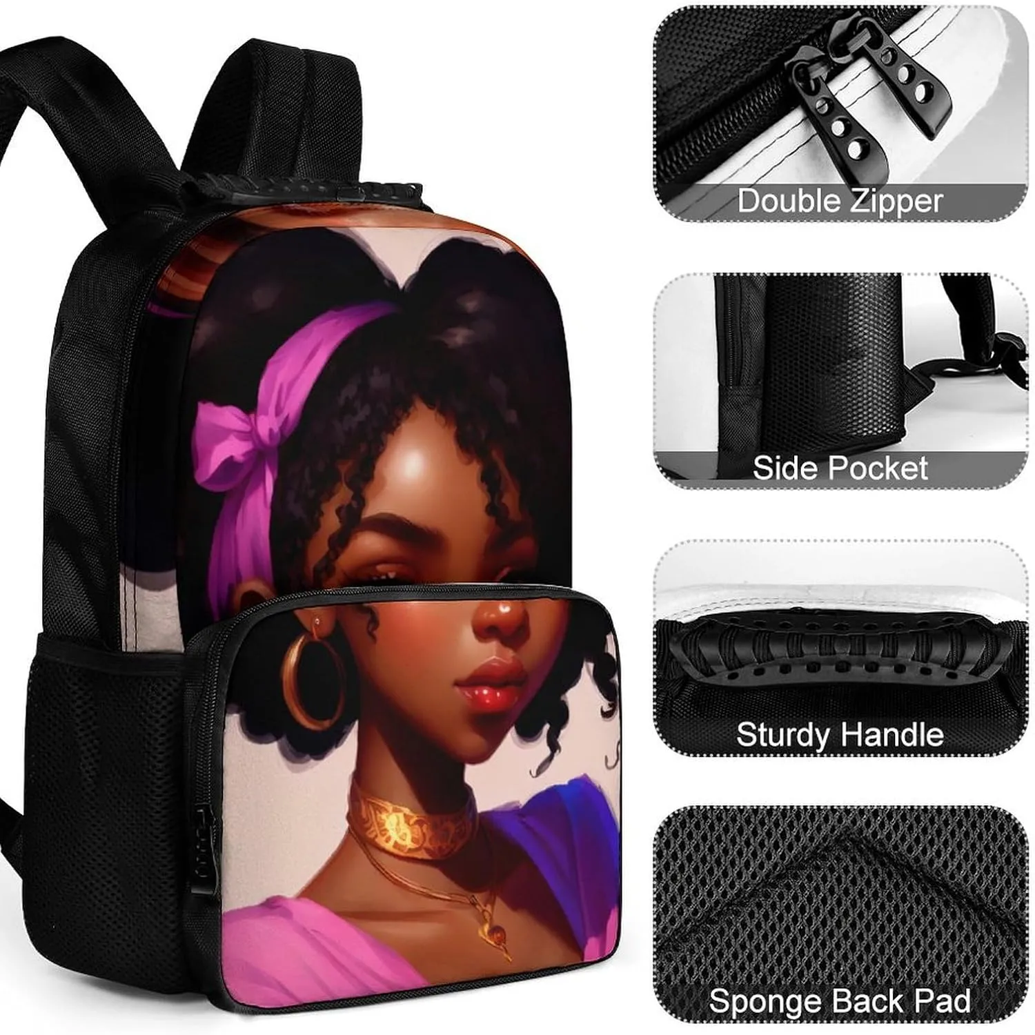 Men Women Lightweight African American Women Black Women Ethnic Art Daypack Bookbag Big Capacity Carry On Bag With Side Pockets for Camping Travel Bicycle