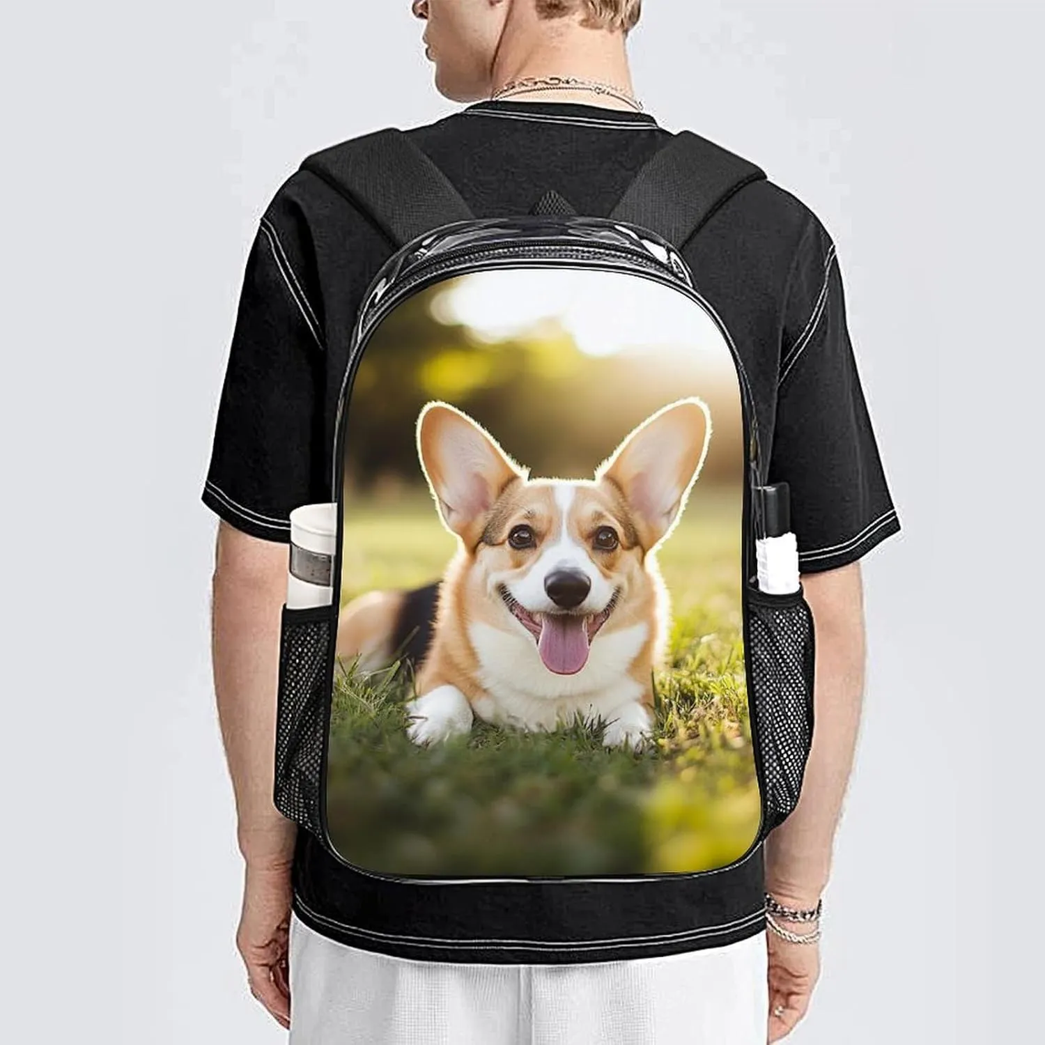 Men Women Lightweight Cute Welsh Corgi Puppy Backpack Large Capacity Carry On Bag Transparent Bag for Sports Work Walking Cycling