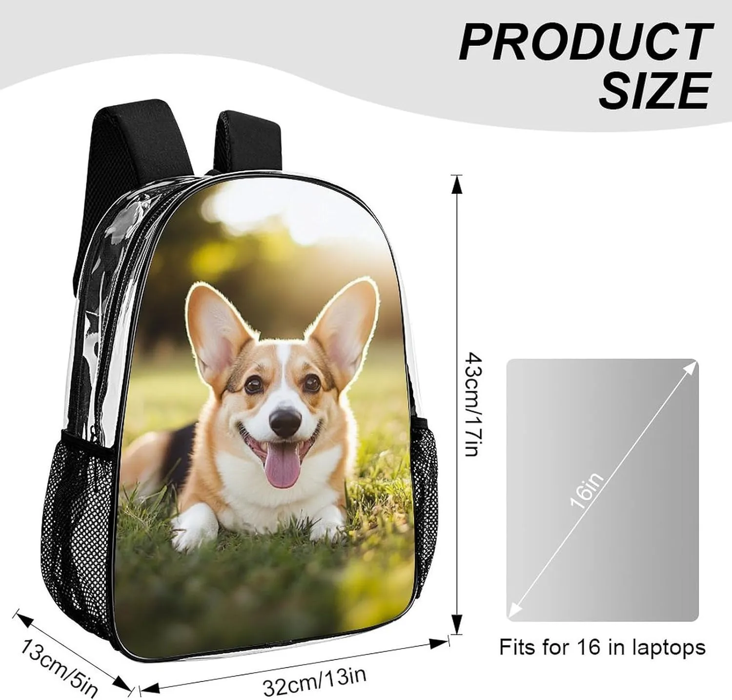 Men Women Lightweight Cute Welsh Corgi Puppy Backpack Large Capacity Carry On Bag Transparent Bag for Sports Work Walking Cycling