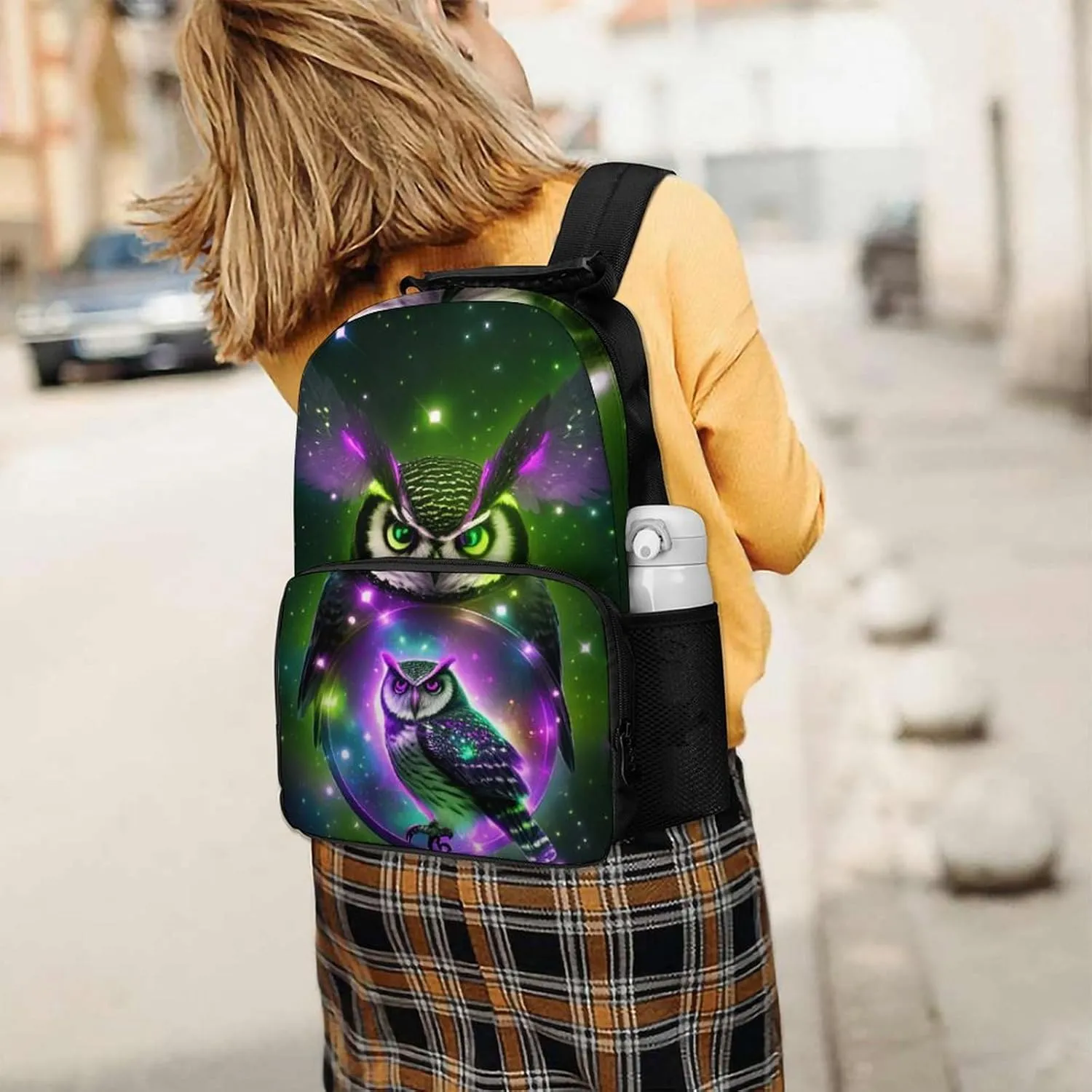 Men Women Lightweight Galaxy Nighthawk Owl Art Daypack Bookbag Big Capacity Carry On Bag With Side Pockets for Camping Travel Bicycle
