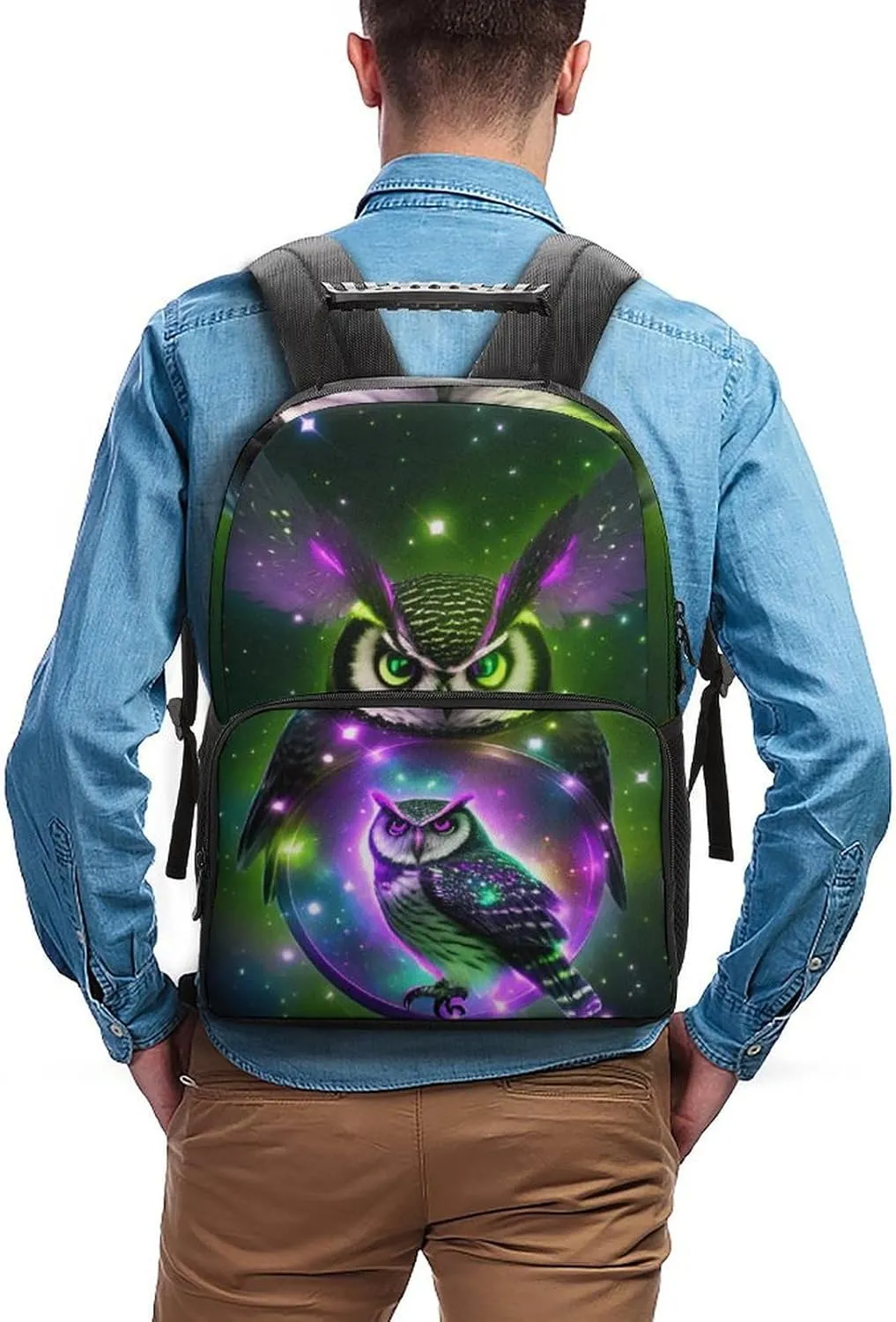 Men Women Lightweight Galaxy Nighthawk Owl Art Daypack Bookbag Big Capacity Carry On Bag With Side Pockets for Camping Travel Bicycle