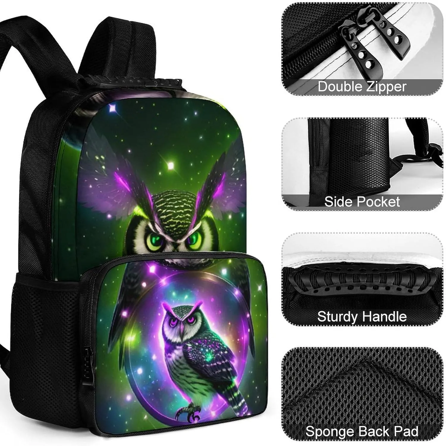 Men Women Lightweight Galaxy Nighthawk Owl Art Daypack Bookbag Big Capacity Carry On Bag With Side Pockets for Camping Travel Bicycle