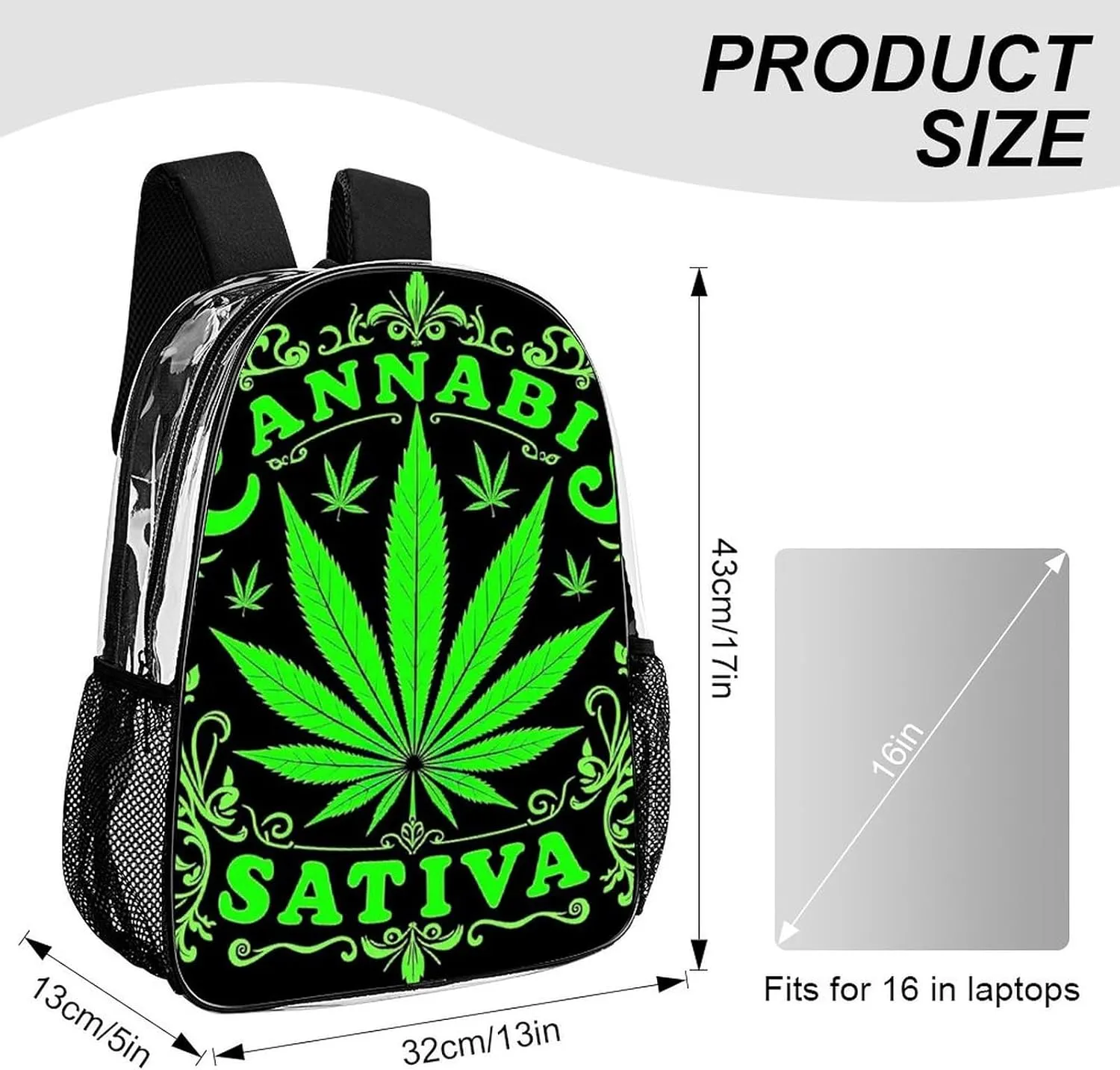 Men Women Lightweight Green Marijuanaweed Leaf Flag Art Backpack Large Capacity Bookbag Transparent Bag for Gym Business Running