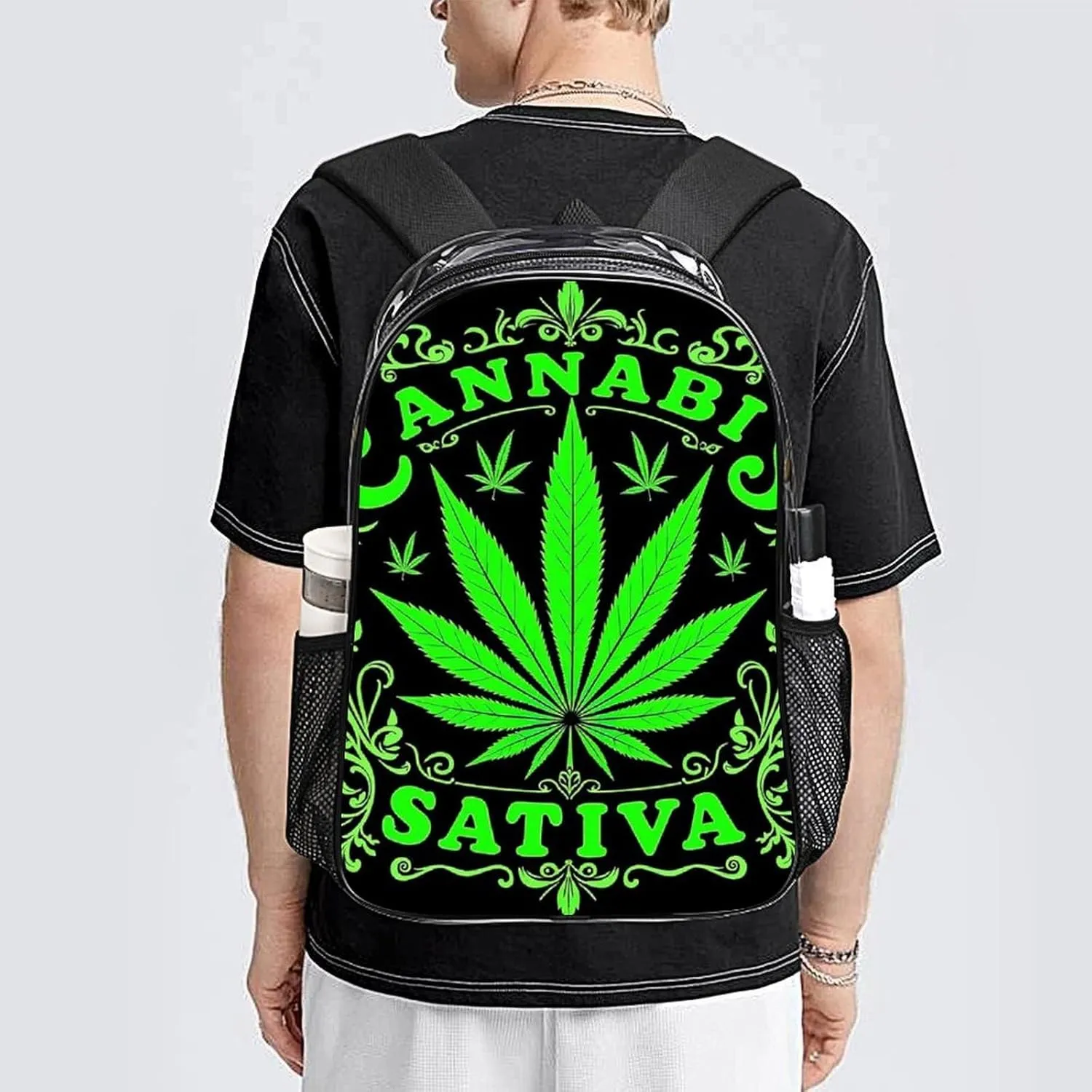 Men Women Lightweight Green Marijuanaweed Leaf Flag Art Backpack Large Capacity Bookbag Transparent Bag for Gym Business Running