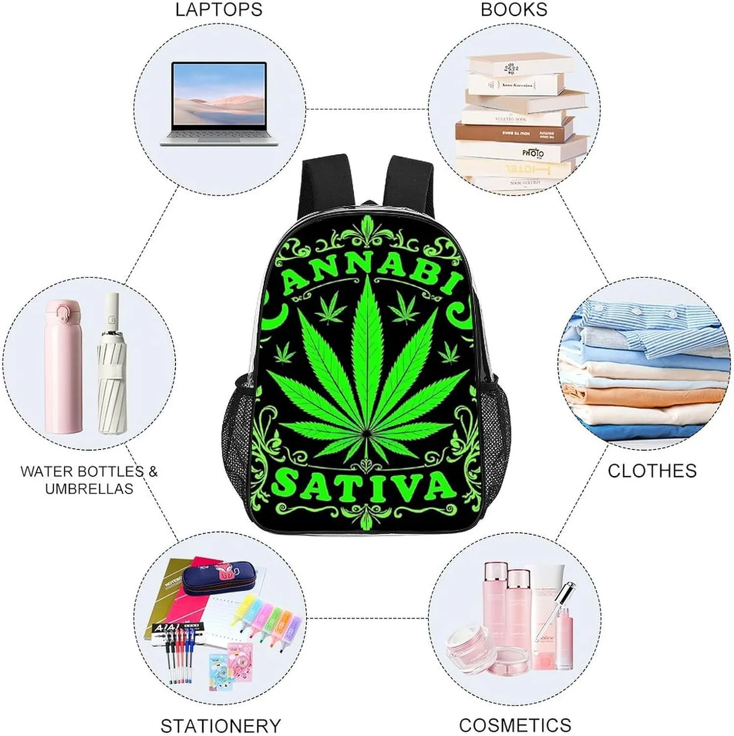 Men Women Lightweight Green Marijuanaweed Leaf Flag Art Backpack Large Capacity Bookbag Transparent Bag for Gym Business Running