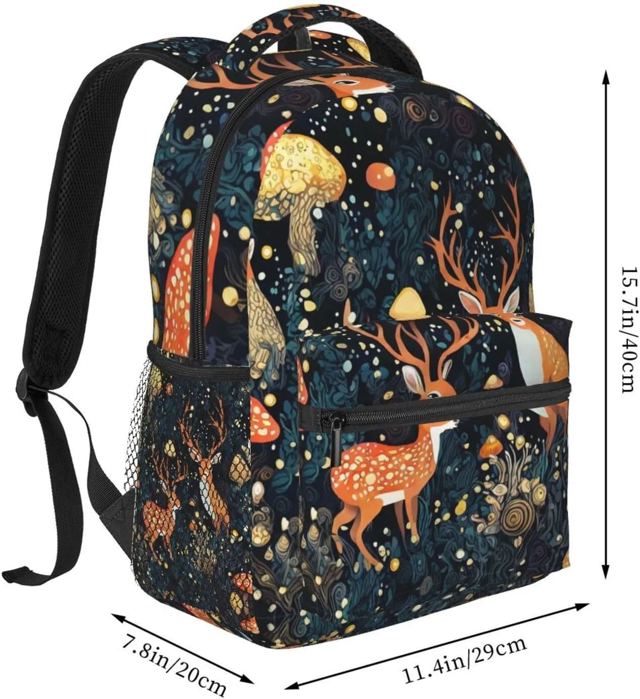 Men Women Lightweight Magic Mushrooms Wild Animals Deer Art Backpack Large Capacity Bookbag With Smooth Zippers for Gym Business Running