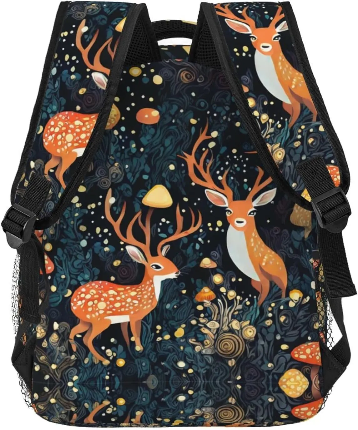 Men Women Lightweight Magic Mushrooms Wild Animals Deer Art Backpack Large Capacity Bookbag With Smooth Zippers for Gym Business Running