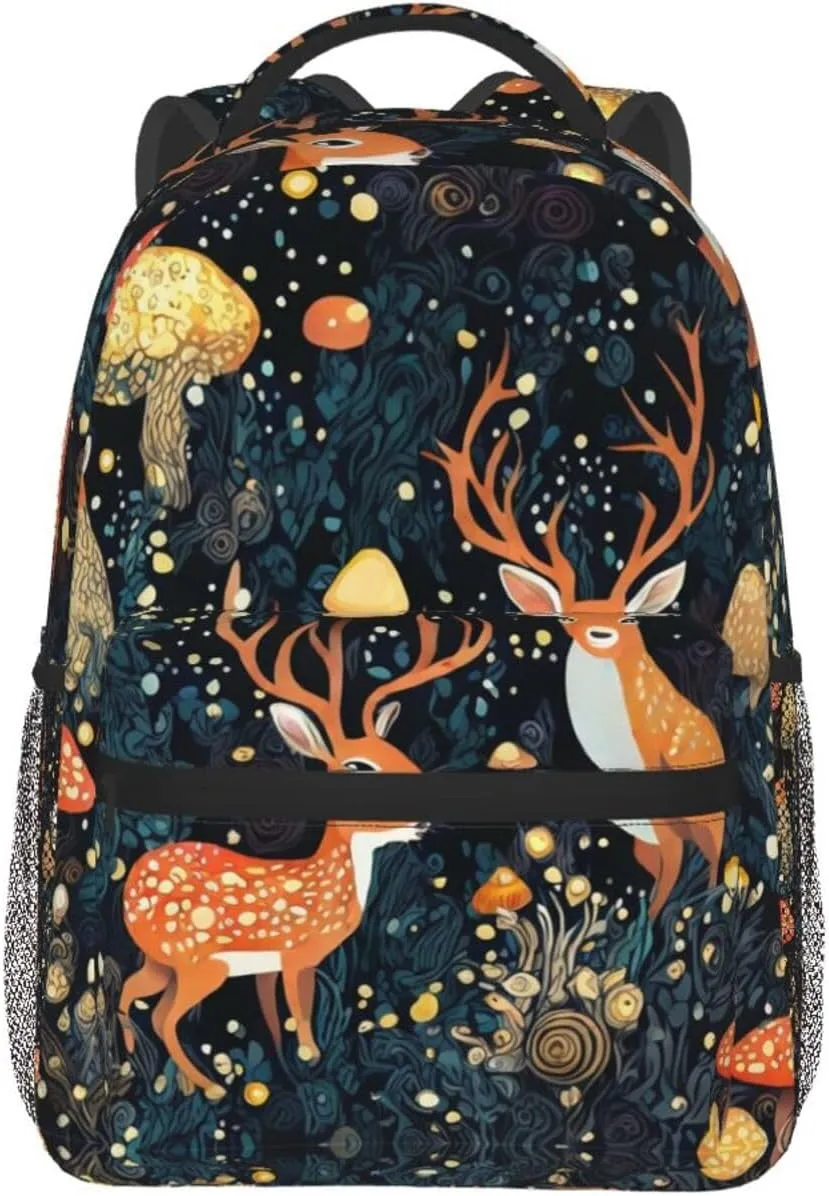 Men Women Lightweight Magic Mushrooms Wild Animals Deer Art Backpack Large Capacity Bookbag With Smooth Zippers for Gym Business Running