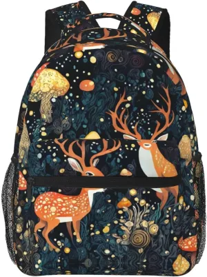 Men Women Lightweight Magic Mushrooms Wild Animals Deer Art Backpack Large Capacity Bookbag With Smooth Zippers for Gym Business Running
