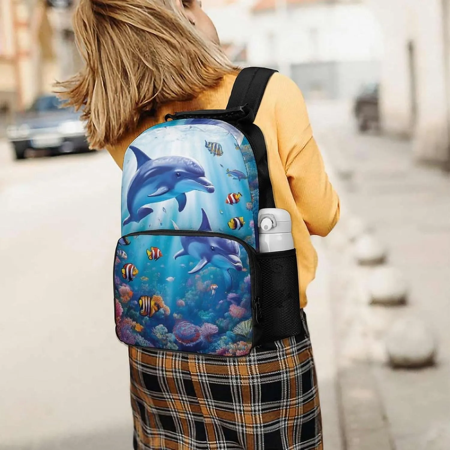 Men Women Lightweight Sea Underwater Beautiful Sea World Dolphins Daypack Bookbag Big Capacity Carry On Bag With Side Pockets for Camping Travel Bicycle