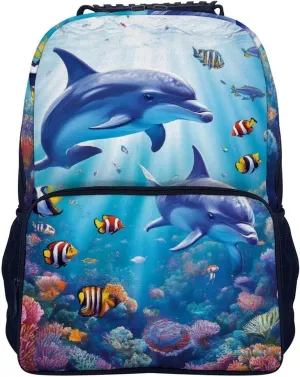 Men Women Lightweight Sea Underwater Beautiful Sea World Dolphins Daypack Bookbag Big Capacity Carry On Bag With Side Pockets for Camping Travel Bicycle