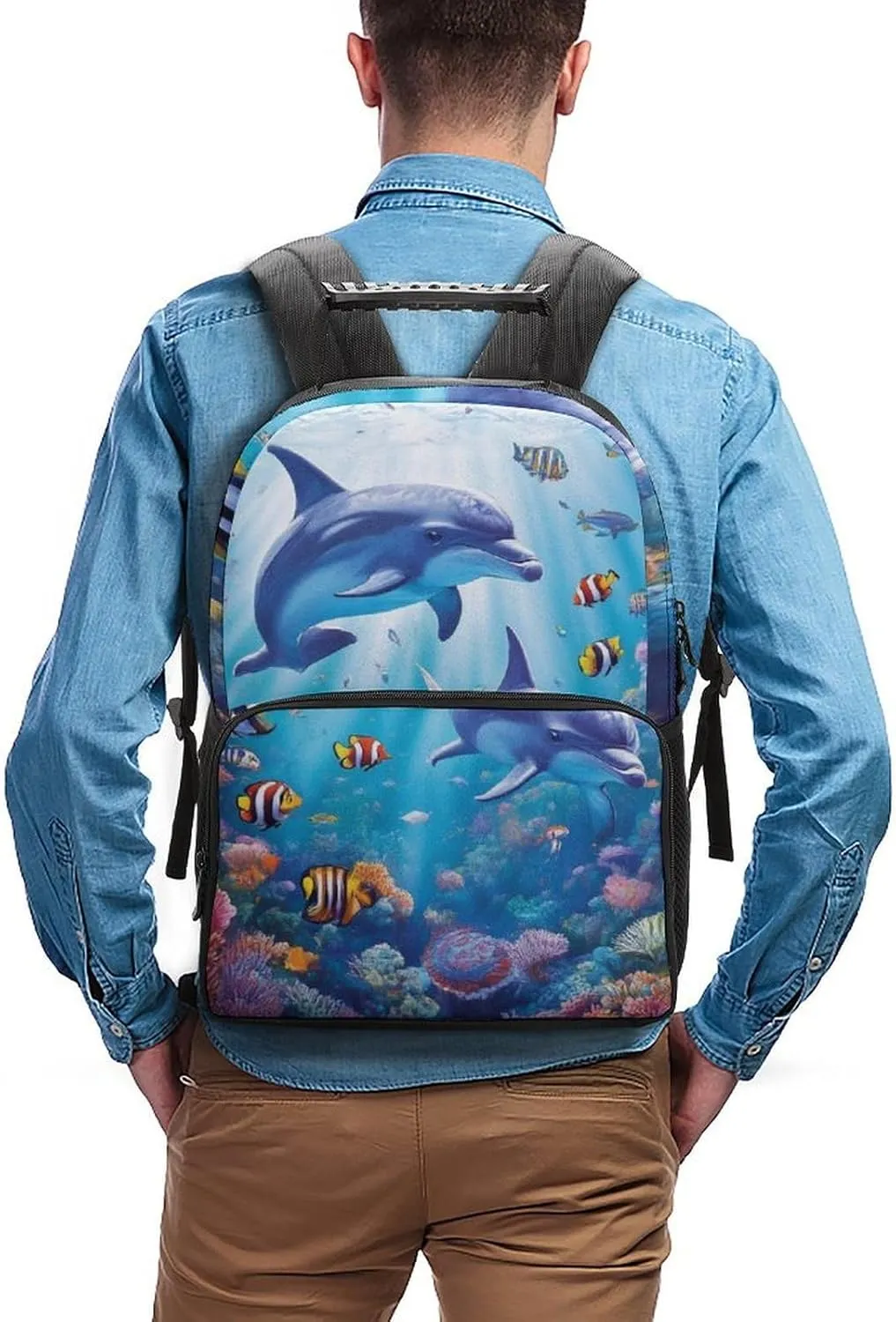 Men Women Lightweight Sea Underwater Beautiful Sea World Dolphins Daypack Bookbag Big Capacity Carry On Bag With Side Pockets for Camping Travel Bicycle