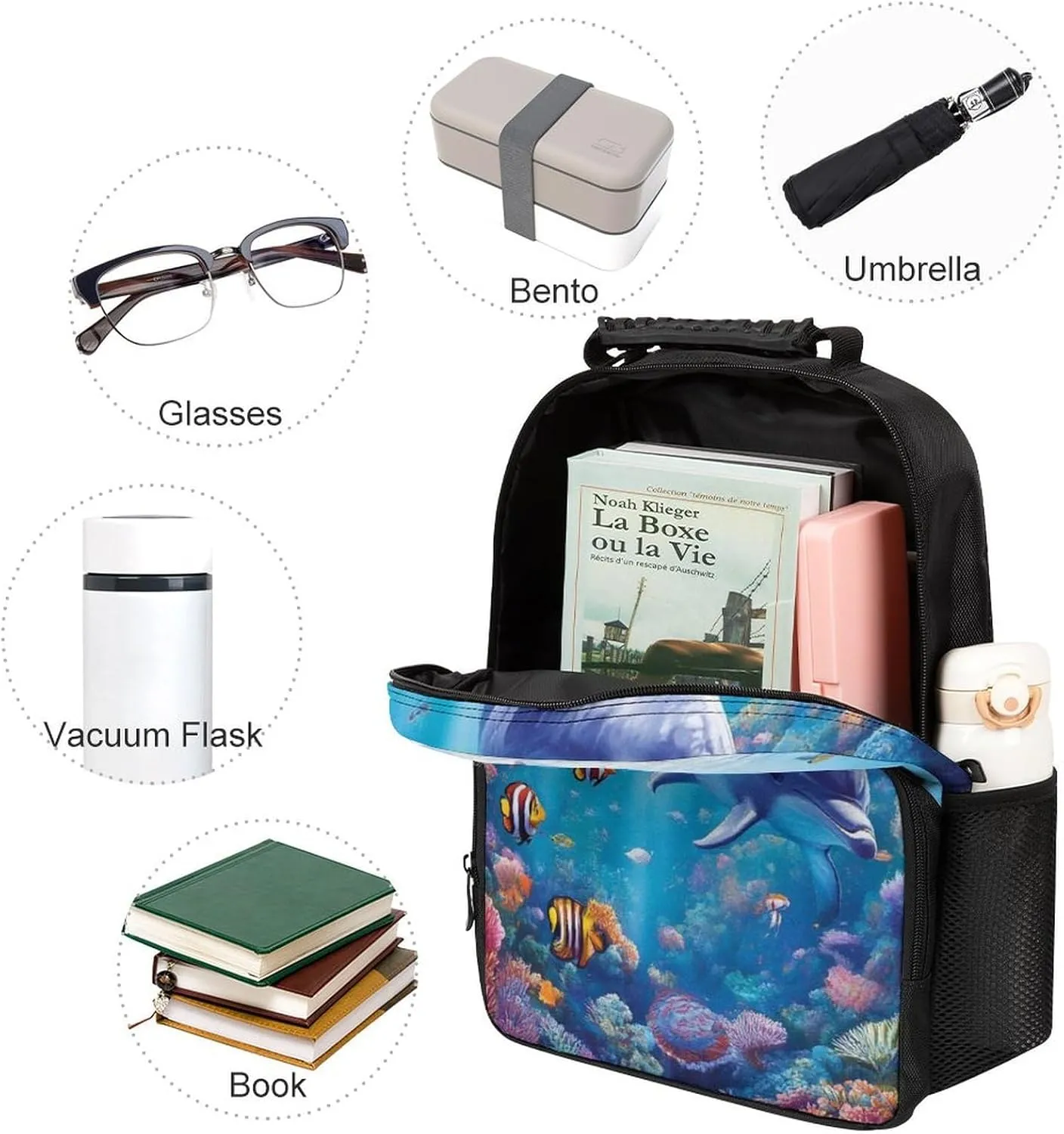 Men Women Lightweight Sea Underwater Beautiful Sea World Dolphins Daypack Bookbag Big Capacity Carry On Bag With Side Pockets for Camping Travel Bicycle