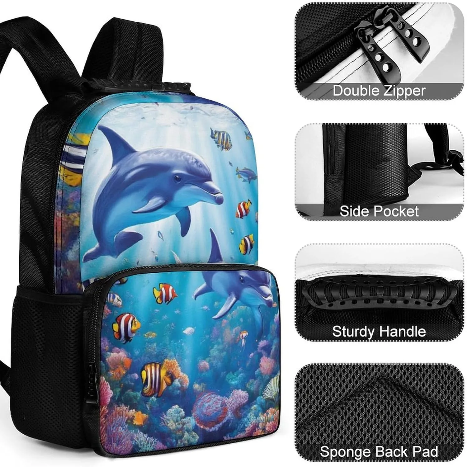 Men Women Lightweight Sea Underwater Beautiful Sea World Dolphins Daypack Bookbag Big Capacity Carry On Bag With Side Pockets for Camping Travel Bicycle