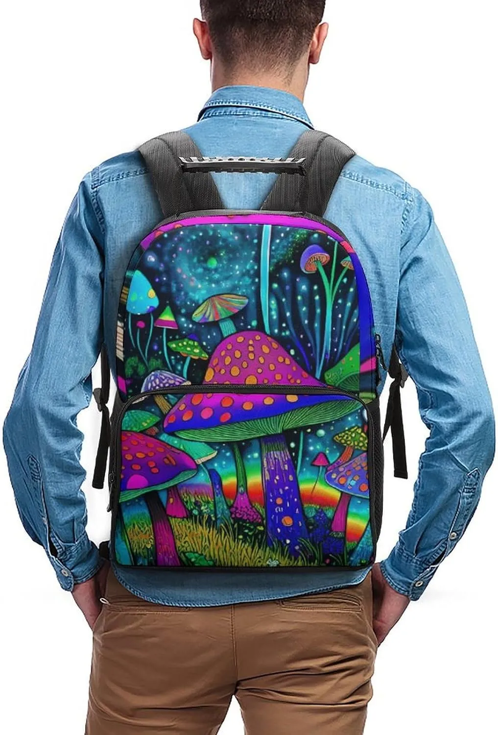 Men Women Polyester Psychedelic Magic Mushrooms Trippy Art Daypack Big Capacity Shoulder Bag With Adjustable Shoulder Straps for Camping Travel Walking Cycling