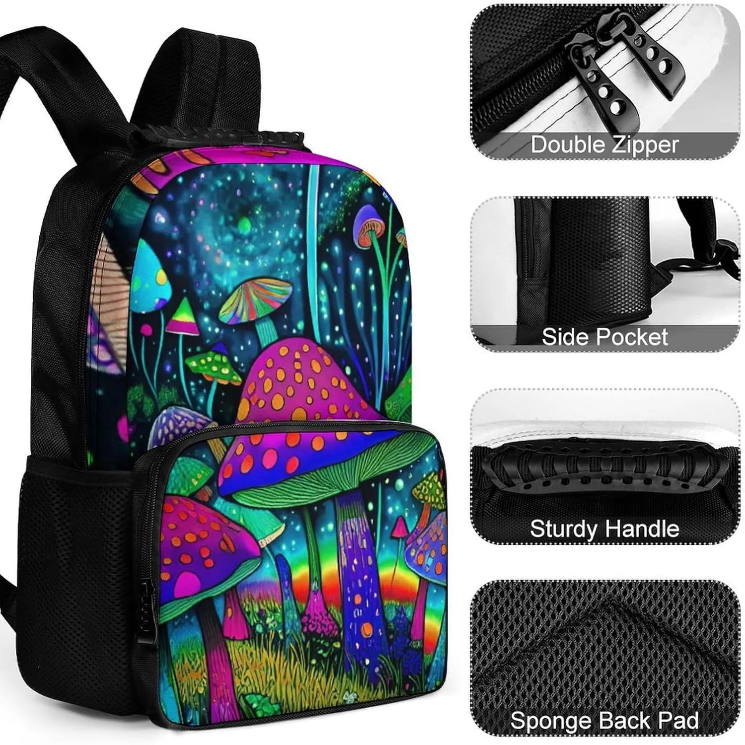 Men Women Polyester Psychedelic Magic Mushrooms Trippy Art Daypack Big Capacity Shoulder Bag With Adjustable Shoulder Straps for Camping Travel Walking Cycling