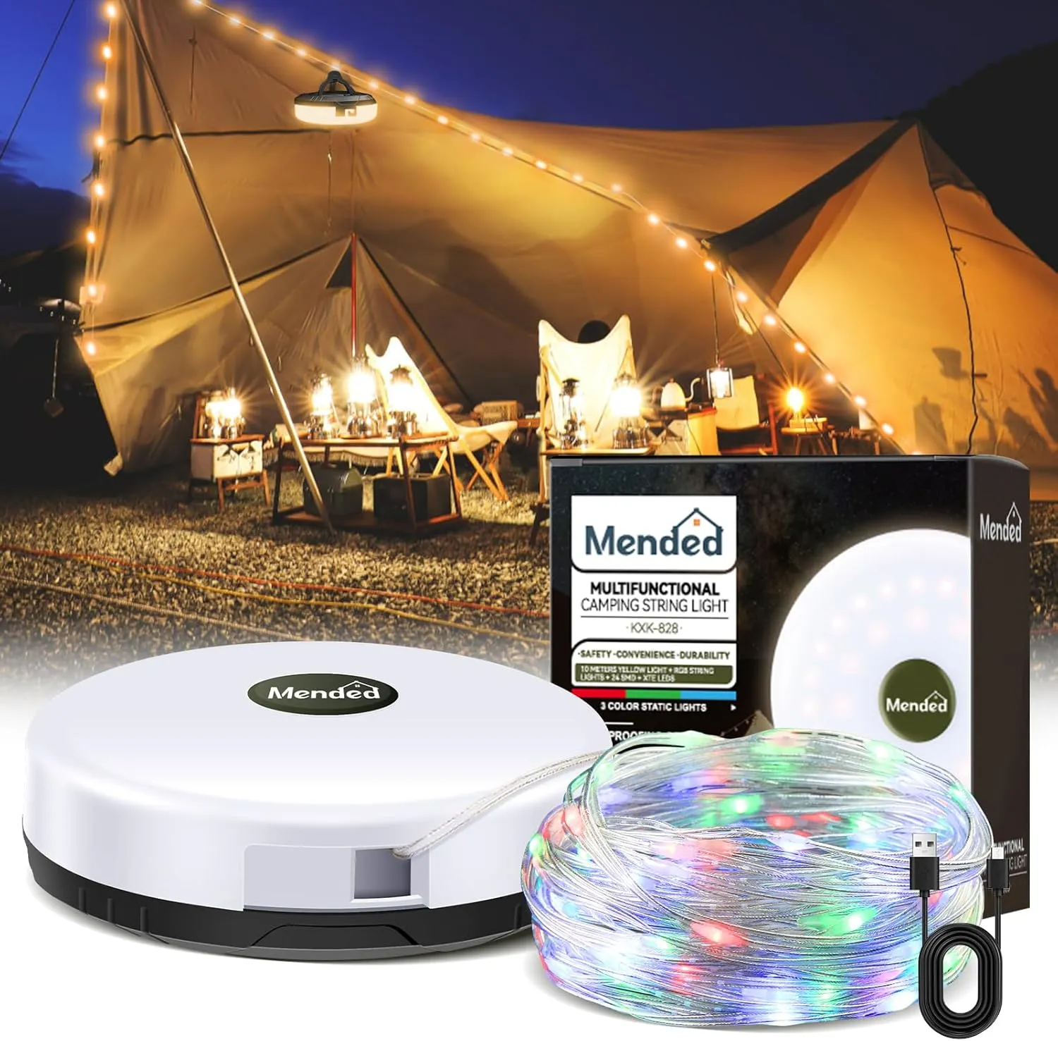 MENDED Camping String Lights-Outdoor Waterproof Portable Stowable String Light with 8 Lighting Modes（32.8Ft）,USB Charging, Rechargeable String Lights for Camping