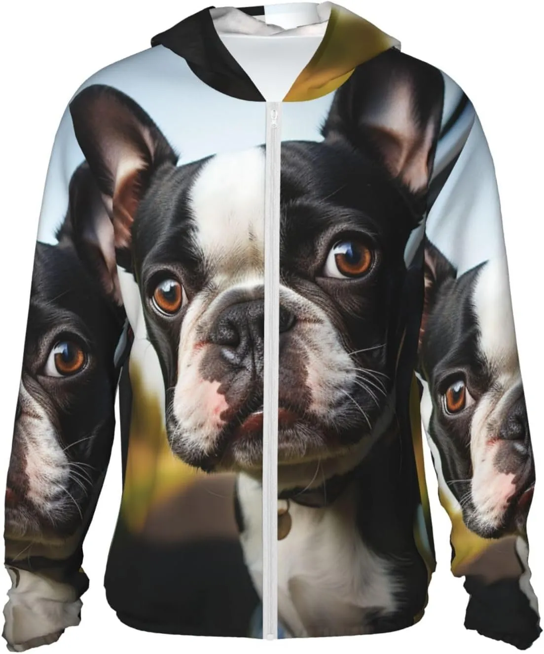 Men's UPF 50  Sun Protection Hoodie Jacket Puppy Dog Boston Terrier Lightweight Long Sleeve Quick Dry Rash Guard Sun Shirt for Fishing X-Large Black